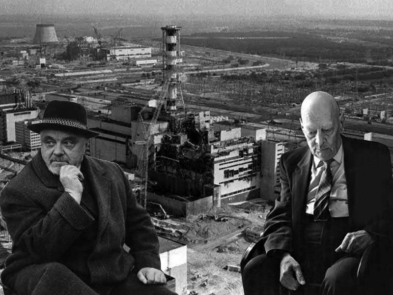 Рис. 8. Главный конструктор Н. Доллежаль и Главный научный руководитель А. Александров. Зная об ошибках в физике ядерного реактора и в конструкции регулирующих стержней, всю вину переложили на персонал станции, многие из которых честно выполняли свой долг и погибли. 