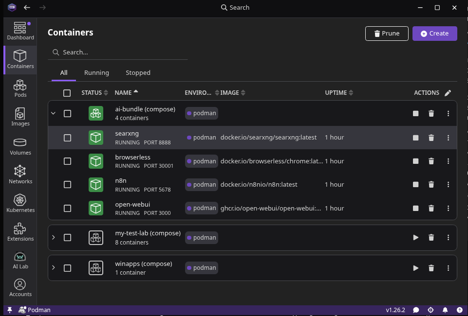 Управление ИИ-стеком через интерфейс Podman Desktop в Fedora.