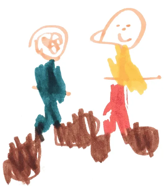 A child’s painting of two stick-figure people with round heads, one in a teal top and one in a yellow and red top, standing on brown ground