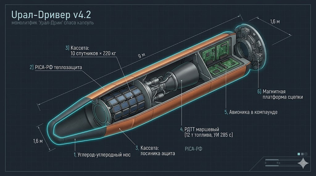 Монолитная капсула v4.2 в разрезе: углерод-углеродный нос, теплозащита PICA-РФ, кассета на 10 малых спутников, твердотопливный двигатель «Тополь», магнитная платформа на хвосте