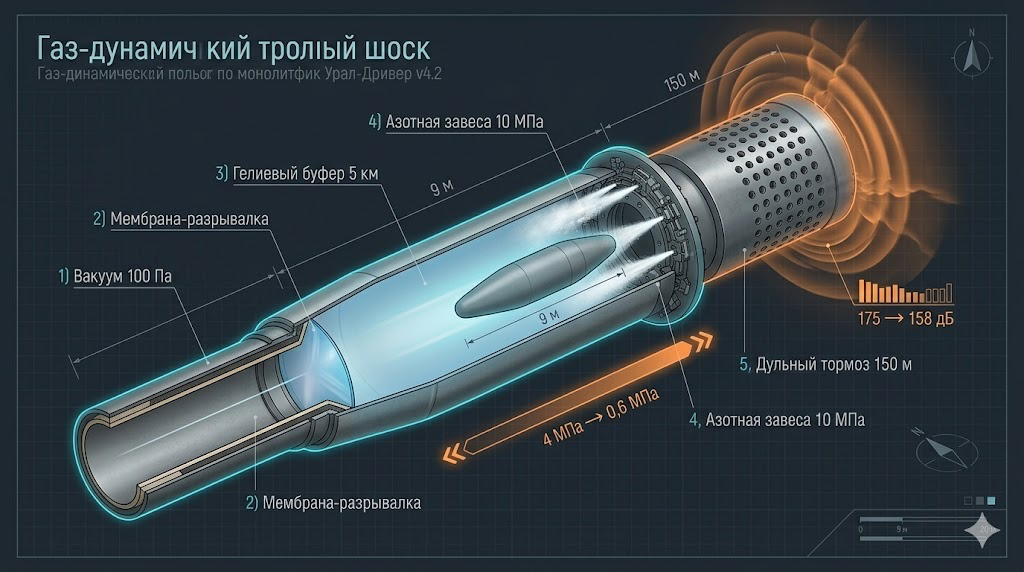Газодинамический шлюз дульного среза: 5-км гелиевый буфер, азотная завеса 10 МПа за 0,1 секунды, 150-метровый перфорированный дульный тормоз
