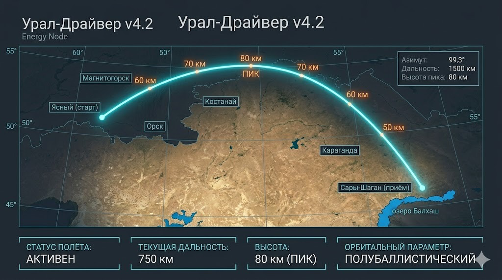 Трасса полёта: Ясный (Оренбург, 51°) → полигон Сары-Шаган (Северный Казахстан), азимут 99,3°, дальность 1500 км