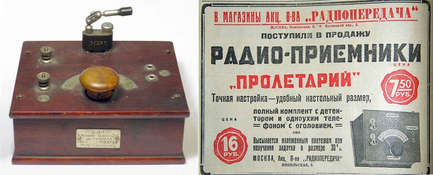 Фото 1.3. Детекторный радиоприёмник «Пролетарий». Ленинградский телефонно-телеграфный завод им. Кулакова. ~1925 г. Дешёвая, массовая и простая конструкция. Диапазон принимаемых волн — 300…1500 м. Несмотря ни на что — корпус-шкатулка полированного дерева, «немецкого типа» — с наклонной к оператору верхней панелью