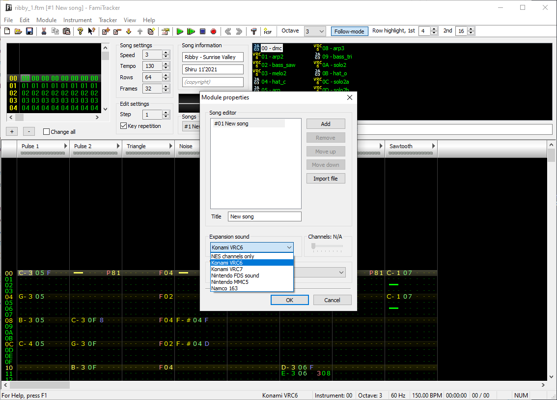 Выбор дополнительных звуковых чипов в FamiTracker