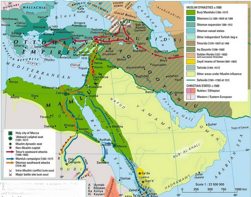 Мамлюкский султанат (отмечен зеленым) в к. XIV — нач. XVI вв.   