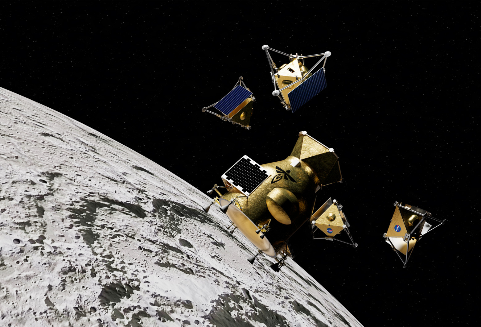 Иллюстрация запуска дронов от лаборатории реактивного движения NASA: https://www.jpl.nasa.gov/missions/moonfall/