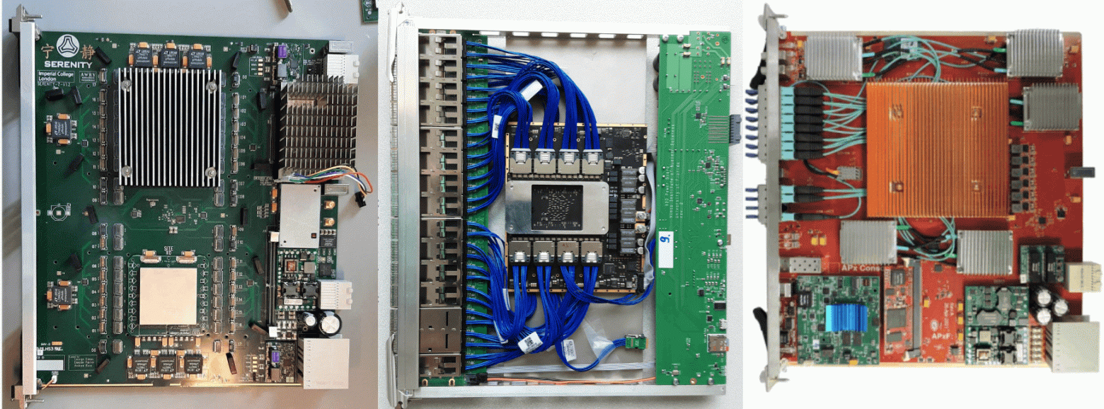 Прототипы плат для Phase-2 апгрейда L1 Trigger CMS. На каждой плате — крупные FPGA Xilinx и более 100 высокоскоростных оптических каналов (28 Гбит/с). Слева направо: Serenity, X2O и APx. Источник.