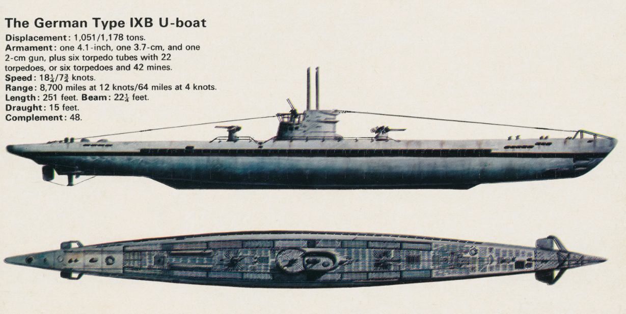 Немецкая океанская подлодка типа IX, именно такие субмарины устроили в 1942 году жуткую резню американского прибрежного судоходства, особенно старательно охотясь на танкеры