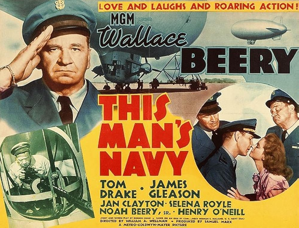 Афиша фильма «This Man's Navy» о частично вымышленном боевом пути капитана американского дирижабля типа K. В главной роли — популярный тогда драматический киноактёр Уоллес Бири, который с началом войны временно оставил Голливуд и оправился служить на патрульных дирижаблях.