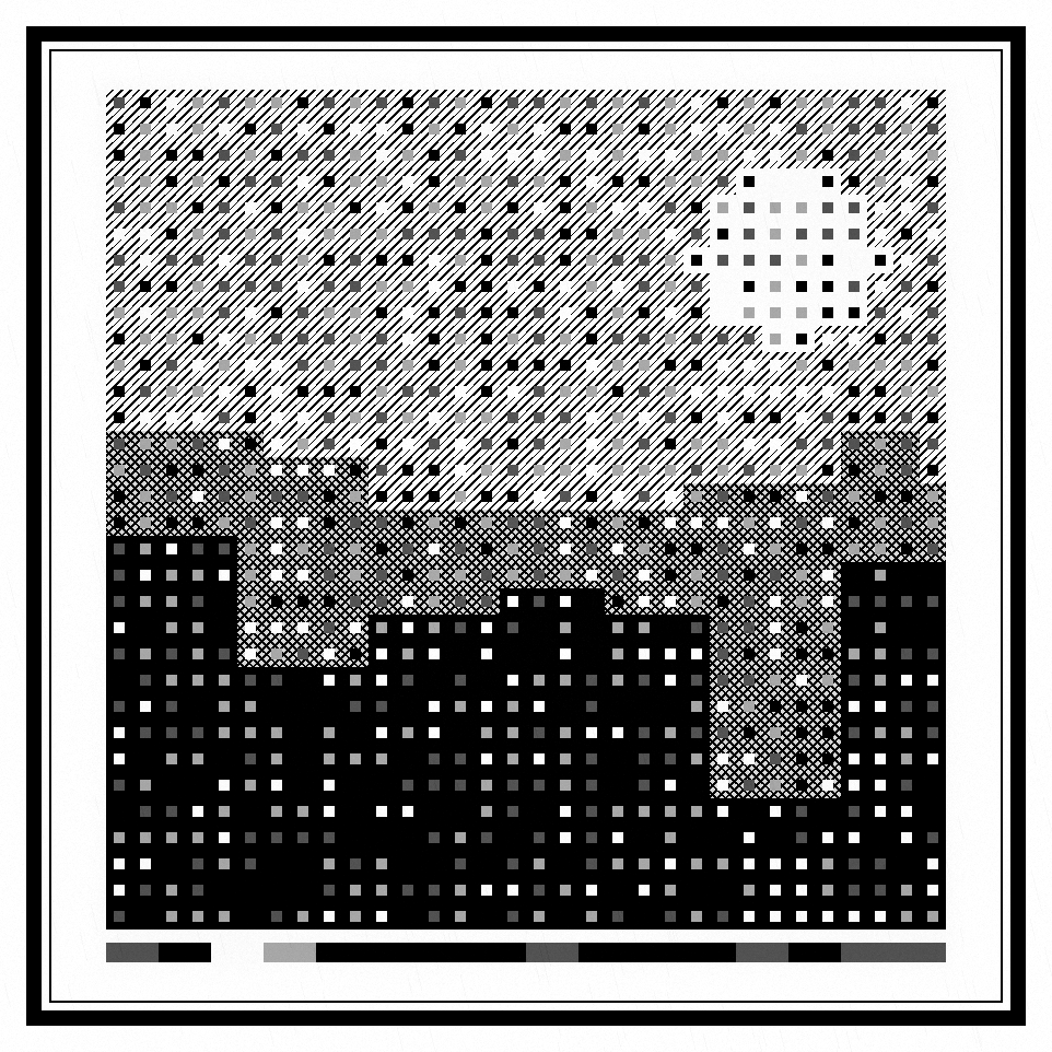 Панель NoiR Code: полутоновый нуар-город с луной, собранный из ячеек данных
