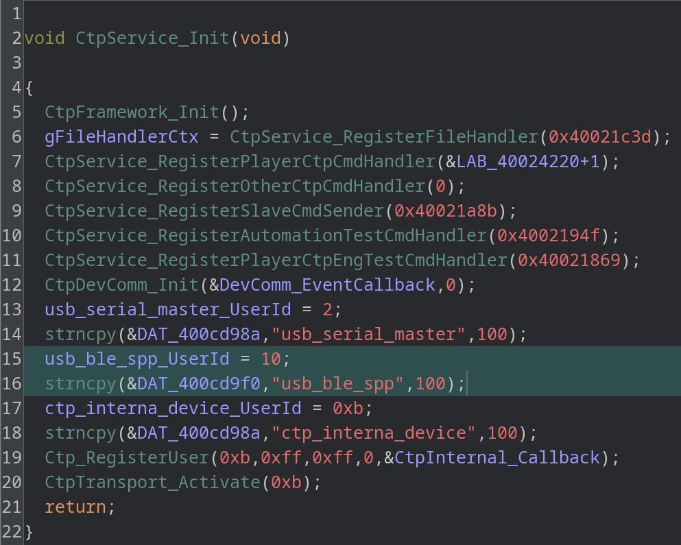 Pwnd Blaster: беспроводной взлом компьютера через саундбар - 4 Ghidra decompiler output for the function CtpService_Init