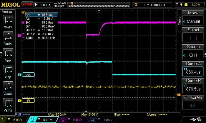 Screengrab of an oscilloscope display showing three signals.