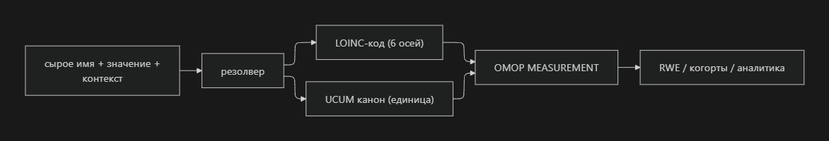 Поток данных: сырое имя + значение + контекст → резолвер → LOINC-код и канон UCUM → таблица OMOP MEASUREMENT → RWE-аналитика