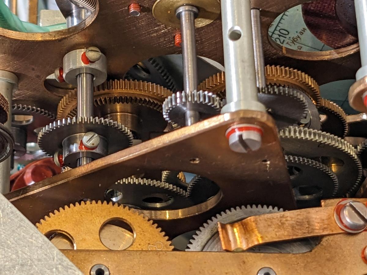 A close-up of the complex gear trains in the Globus.