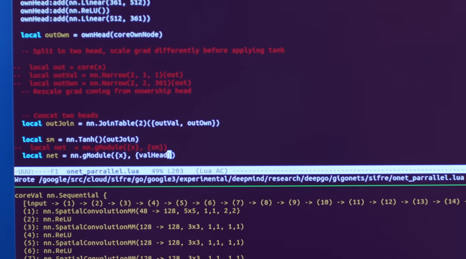 Крупный план написания кода на Lua в GNU Emacs. Похоже, в имени файла допущена опечатка