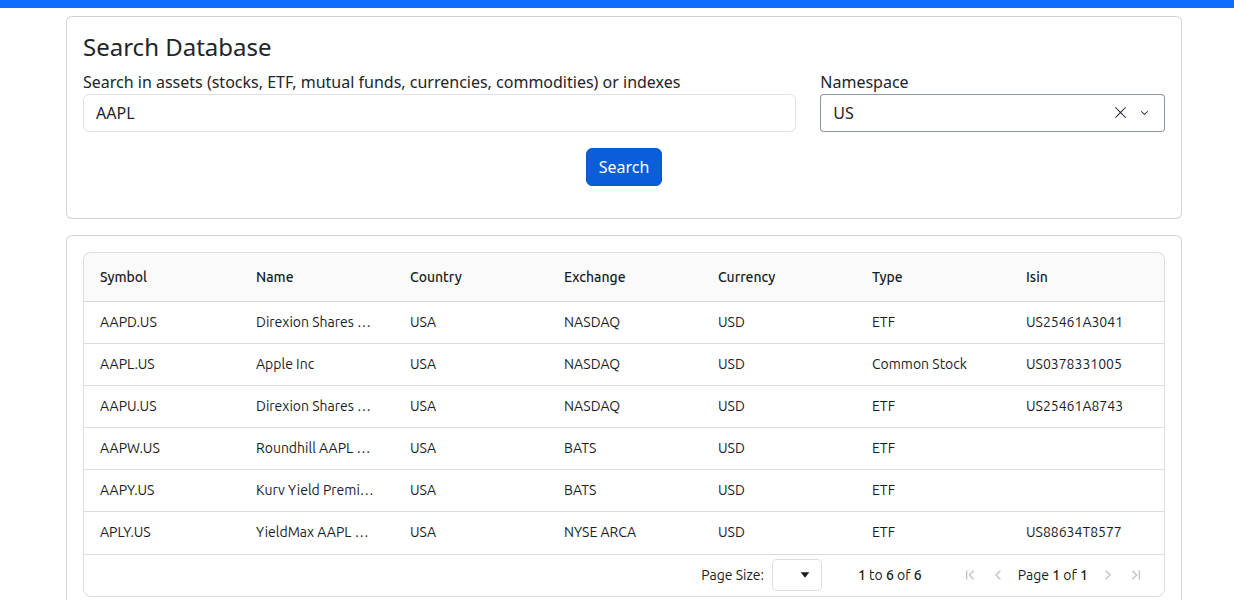 Database на okama.io: поиск «AAPL» в пространстве имён US