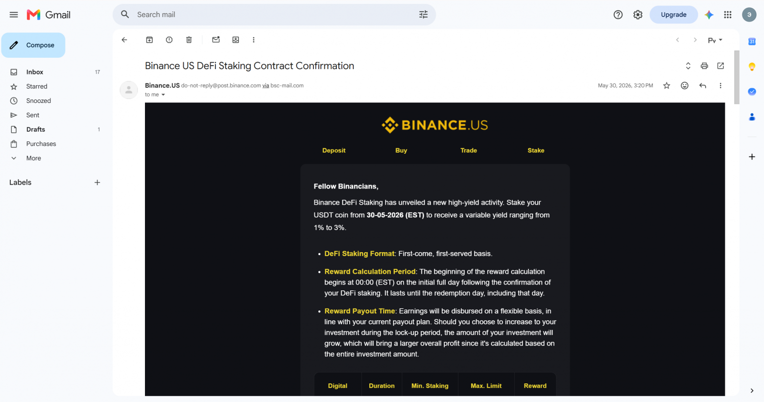 Так письмо выглядело в почте: тема и «отправитель» - как у настоящего Binance