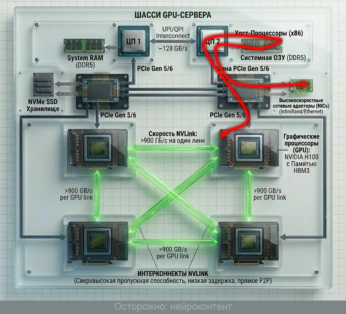 Путь трафика от GPU в кластер за пределы сервера через PCIe