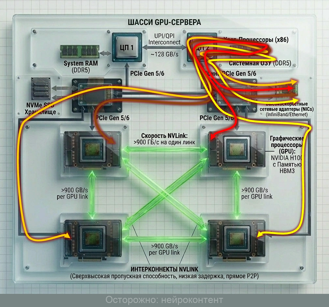 Путь трафика от GPU в кластер за пределы сервера через PCIe