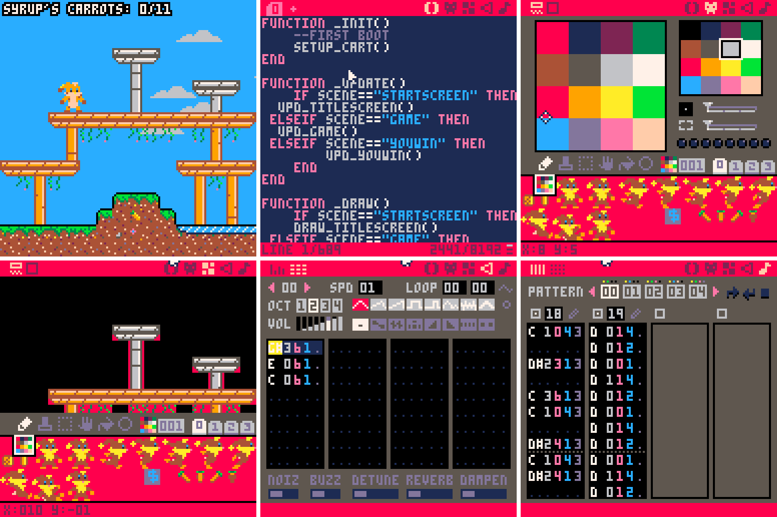 Игра для PICO-8 в действии и её ресурсы во встроенных редакторах