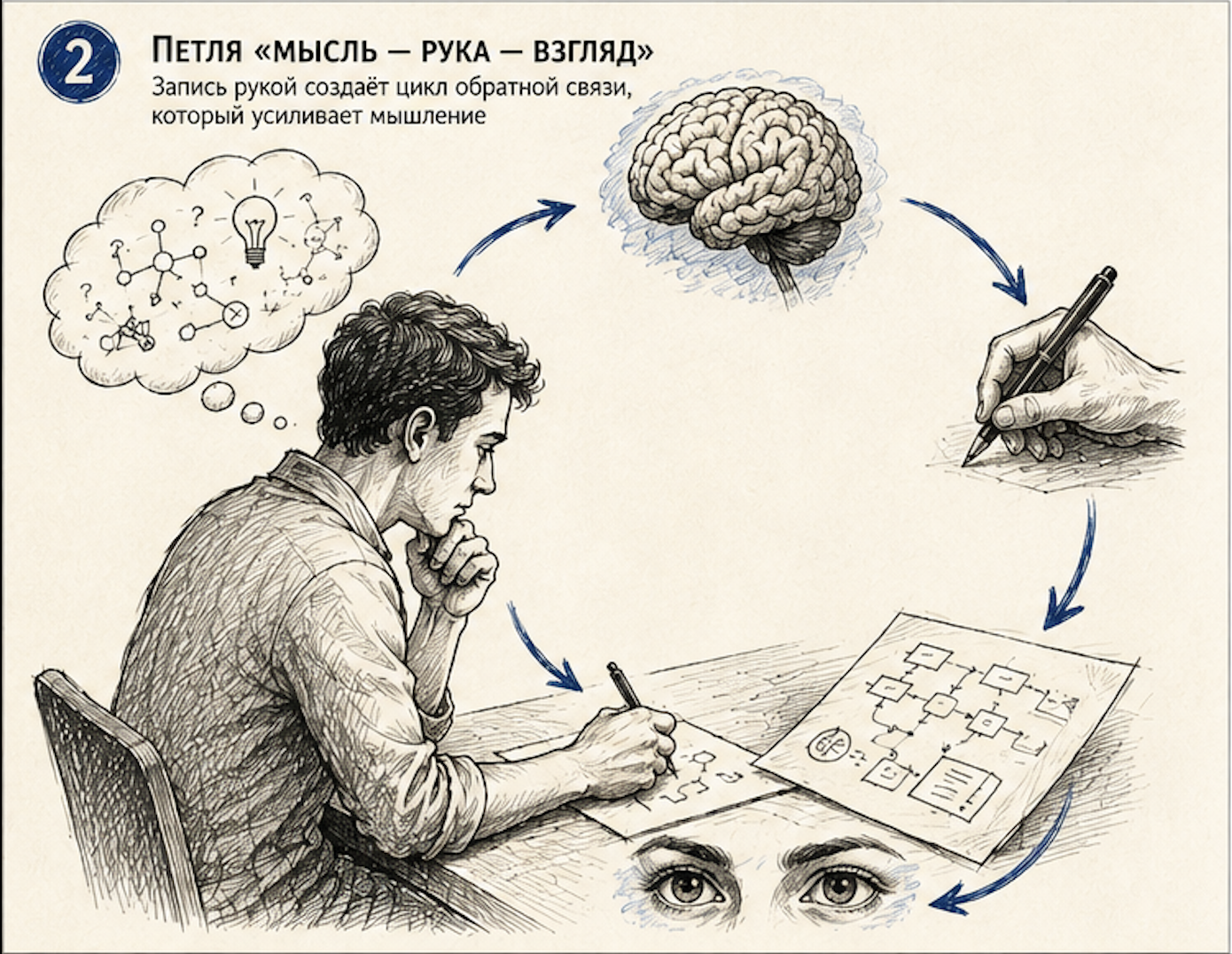 Запись рукой создаёт цикл обратной связи: мысль получает форму, становится видимой и возвращается в процесс рассуждения