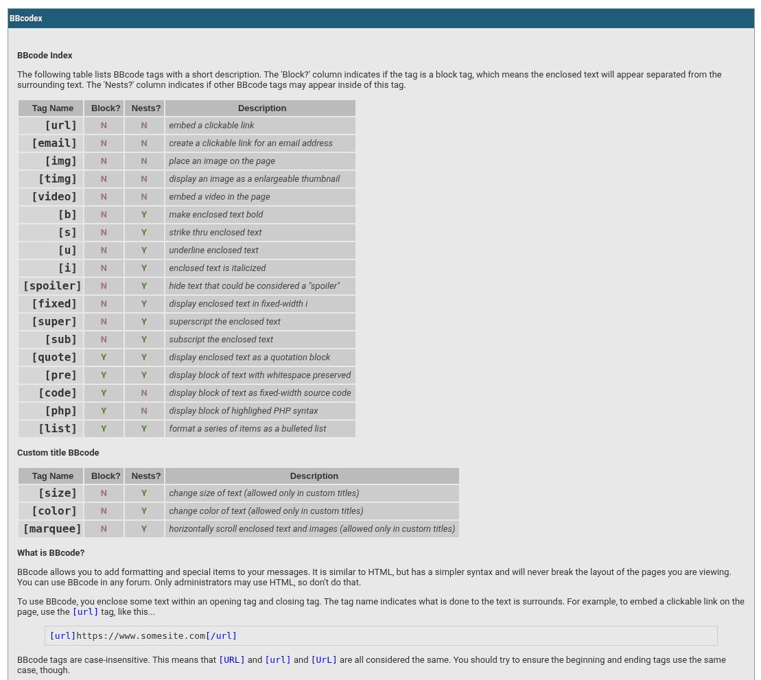 Перечень элементов разметки BBCode, использовавшихся на форумах Something Awful