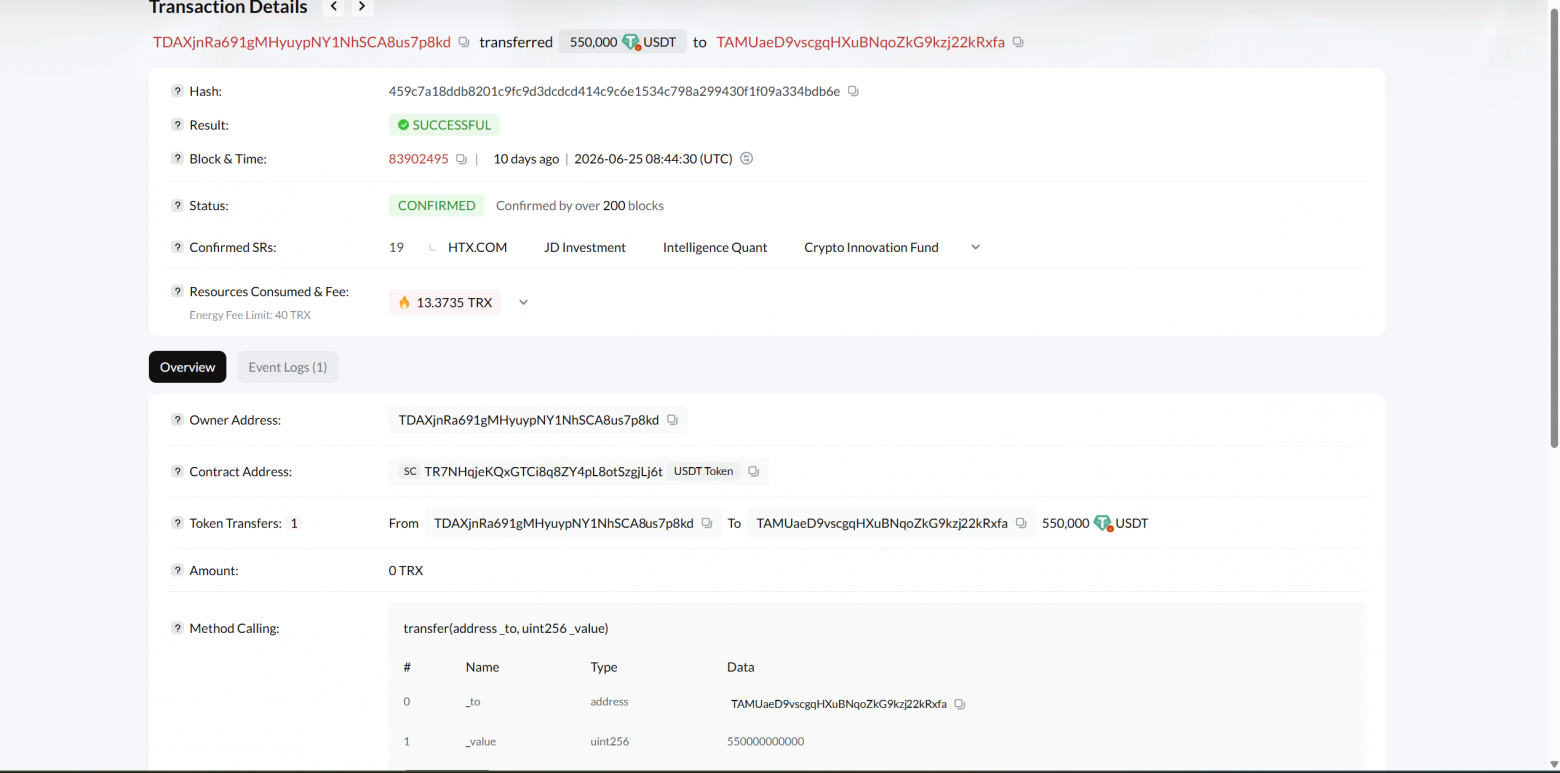 Роутер отправляет 550 000 USDT на шлюз к бирже