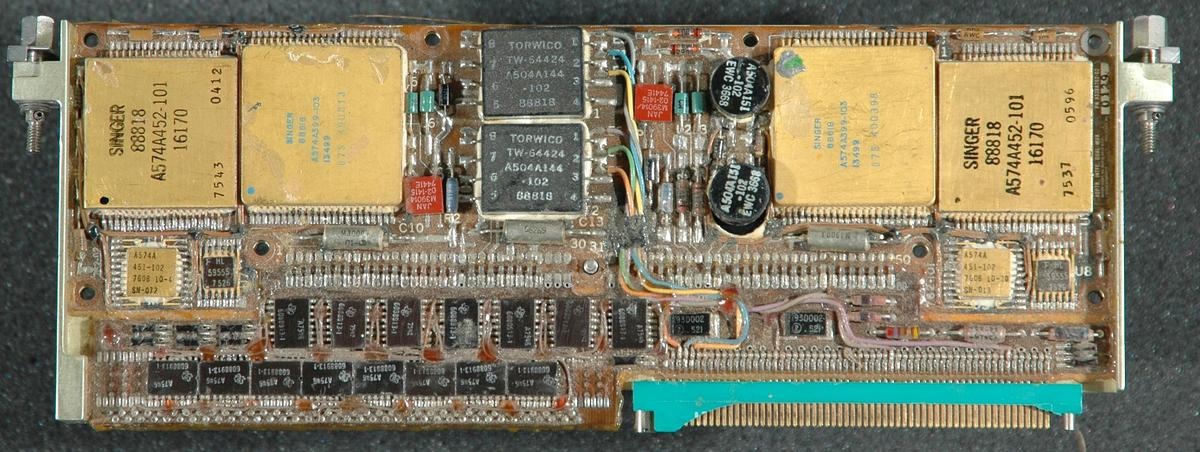 A Space Shuttle board. Note the broken connector; the plastic on these vintage Burndy connections is very often broken. From Space Shuttle Computers and Avionics.