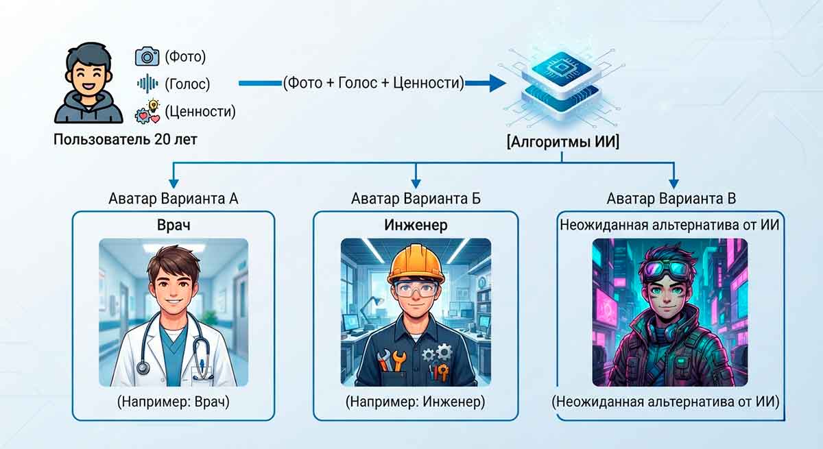 Как ИИ создаёт сценарии жизни: от базовых аватаров врача и инженера до неожиданных альтернативных профессий.  