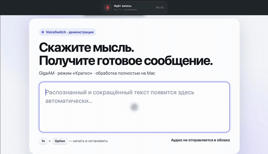 VoiceSwitch: запись, локальная расшифровка, режим «Кратко» и автоматическая вставка
