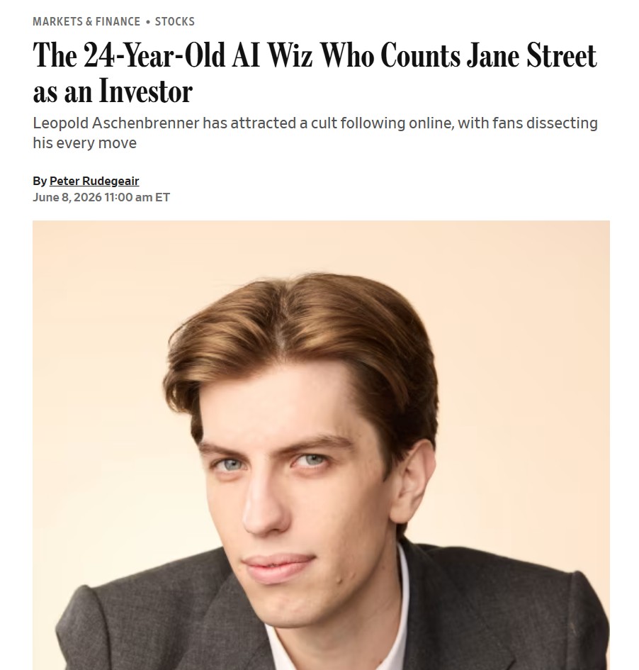Это статья Wall Street Journal месячной давности – тут пишут «AI-гений Леопольд стал культовой фигурой в сети, последователи следят за его каждым шагом»