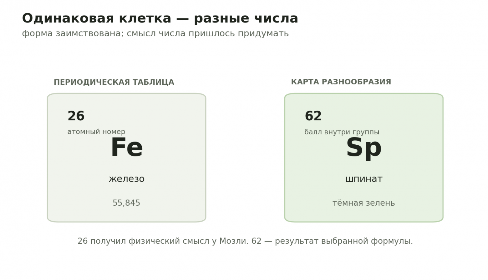 В таблице Менделеева номер задаёт положение; в карте еды балл только сортирует продукты