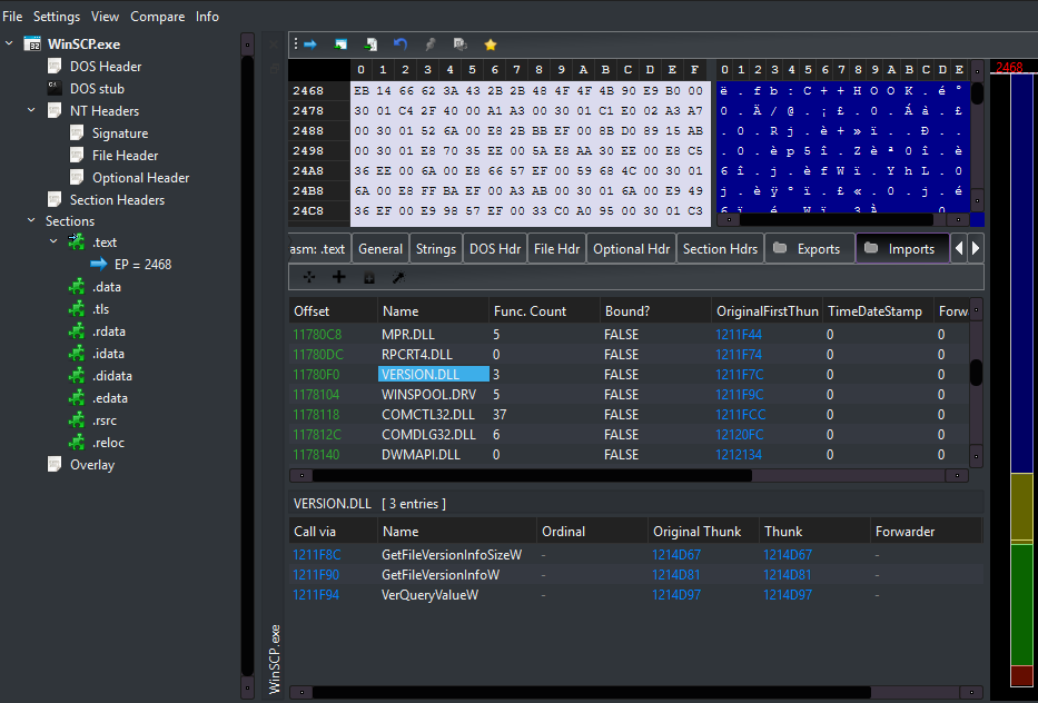 Import Table WinSCP.exe в PE-Bear
