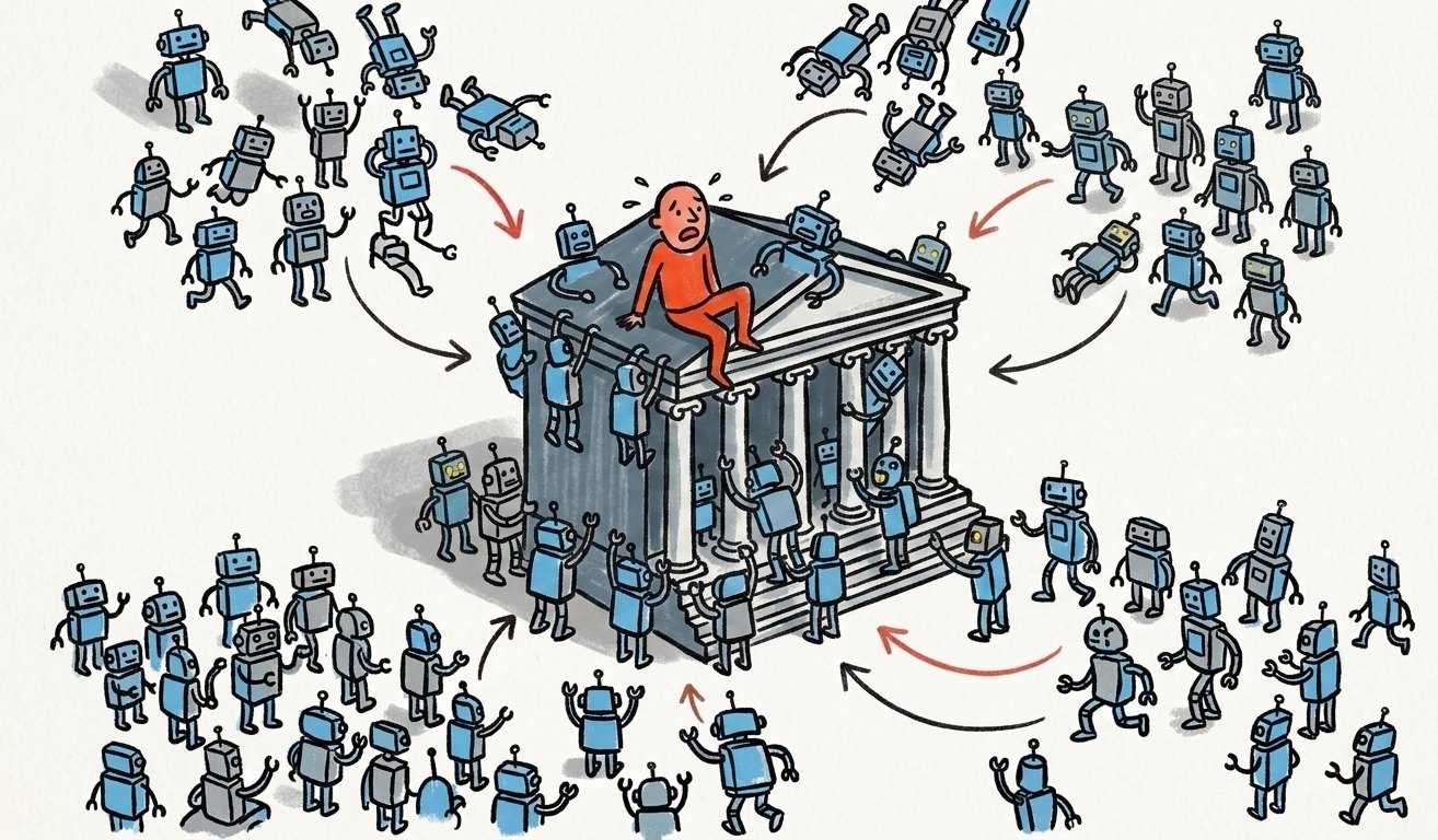 99% трафика моего веб‑сайта составляют боты - 11 A hand-drawn museum building with blue and gray robots swarming it from every direction, climbing the columns and sitting on the steps, with arrows showing more pouring in from both sides. One oversized human sits alone on the roof looking overwhelmed.
