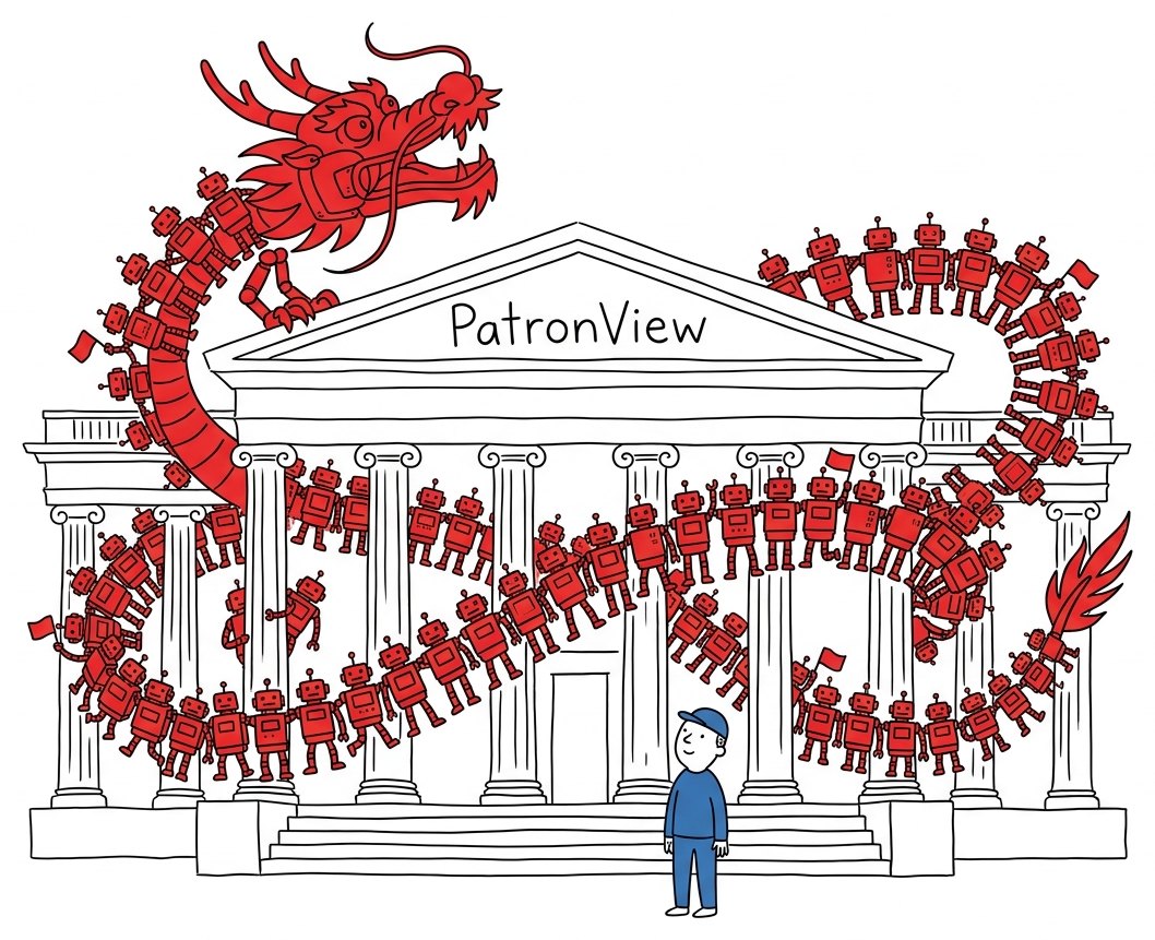 A hand-drawn Chinese dragon coiled around a neoclassical museum building marked PatronView. The dragon's entire body is made of hundreds of small red robots linked nose to tail, some carrying tiny red flags. A single small human in a blue outfit stands on the steps below.