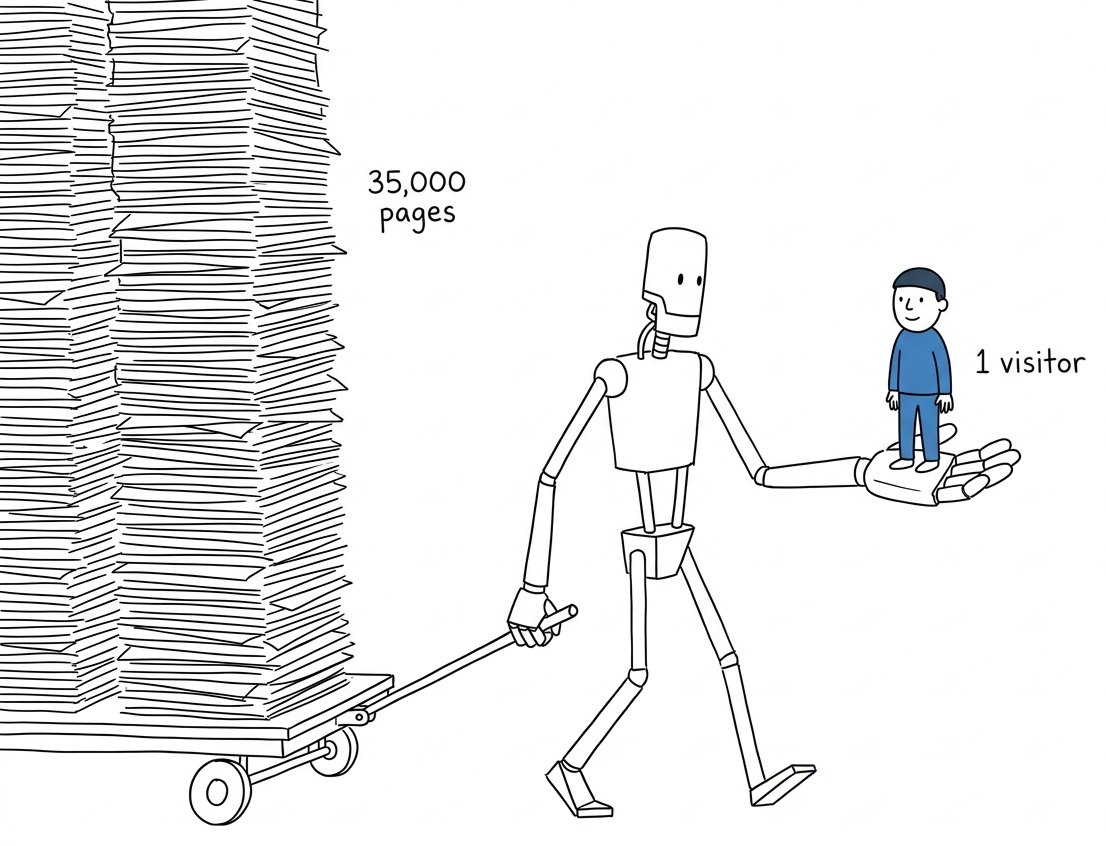 A hand-drawn robot walking away while towing a cart stacked with a tower of paper so tall it runs off the top of the frame, labelled 35,000 pages. On its other open palm it holds one tiny human in a blue outfit, labelled 1 visitor.