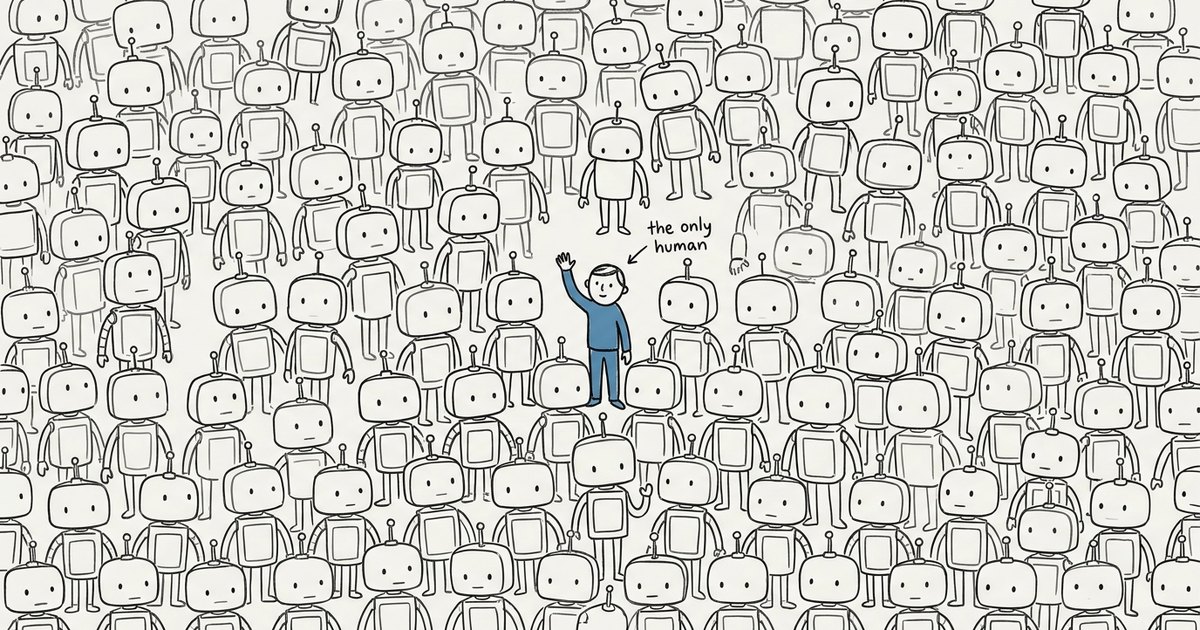 A crowd of hand-drawn robots with a single blue human waving in the middle, labelled the only human