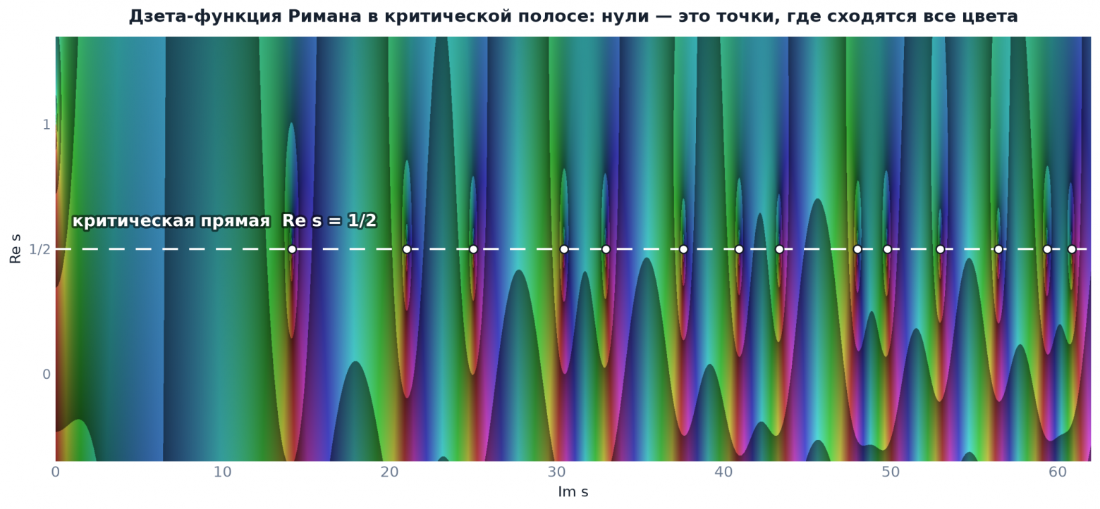 Фазовый портрет ζ(s): цвет — аргумент, яркость — модуль. Белые точки на пунктире — первые четырнадцать нетривиальных нулей.
