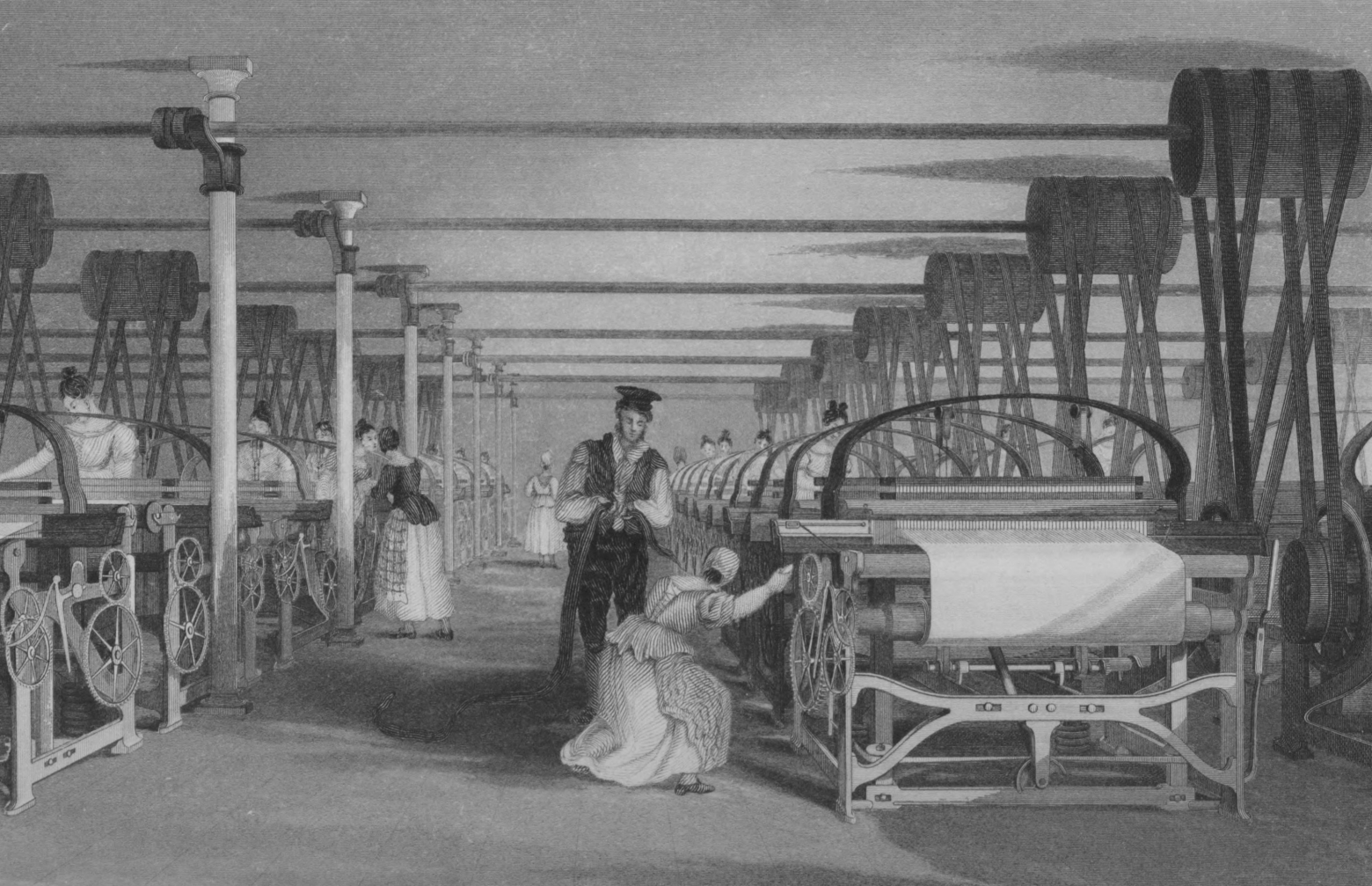  Механические ткацкие станки, 1835 год. Иллюстрация Thomas Allom, гравюра J. Tingle / Wikimedia Commons, Public Domain.  