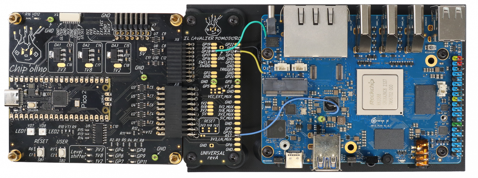 Стенд для обхода Secure Boot на RK3588 при помощи Power FI. Транзисторный модуль подключен снизу.