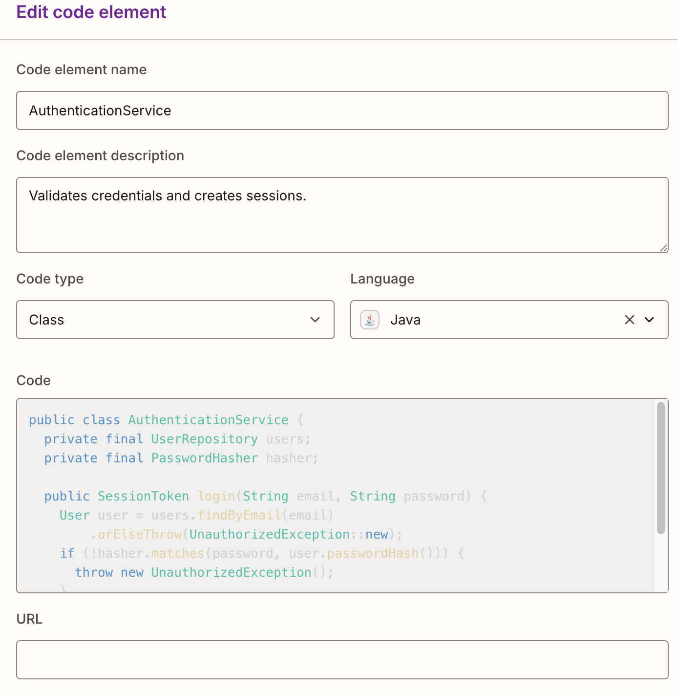 Окно редактирования элемента Code