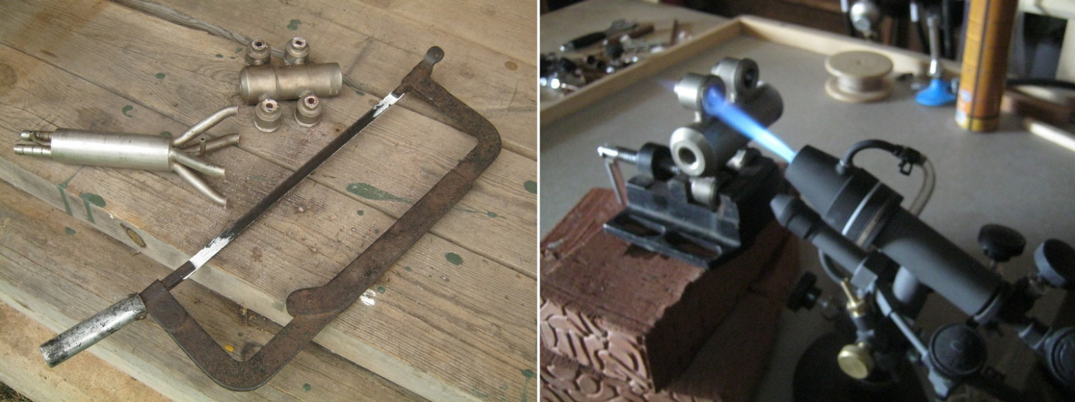 Фото 4.2. Разделил краны волшебной ножовкой — теперь можно обрабатывать их поштучно, и дело пошло веселее — разогрев корпус крана сильным пропан — воздушным пламенем, горячую железку хватал плоскогубцами, с усилием и вращением выдёргивал
