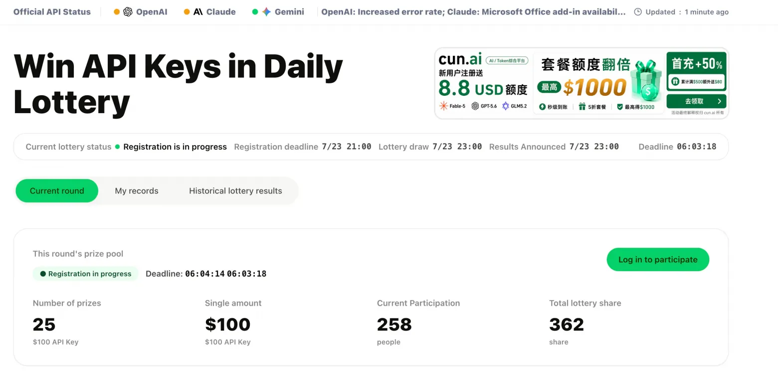 Screenshot of the hvoy.ai daily lottery page, showing a prize pool of 50 $100 API keys with 258 participants and 401 tickets entered