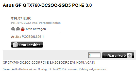 Asus GeForce GTX 760 DirectCU II OC в предложении онлайнового магазина PCO