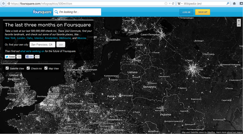 500 000 000 чекинов Foursquare на спутниковой карте