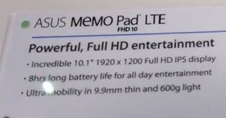 Asus MeMO Pad FHD 10 LTE, спецификации