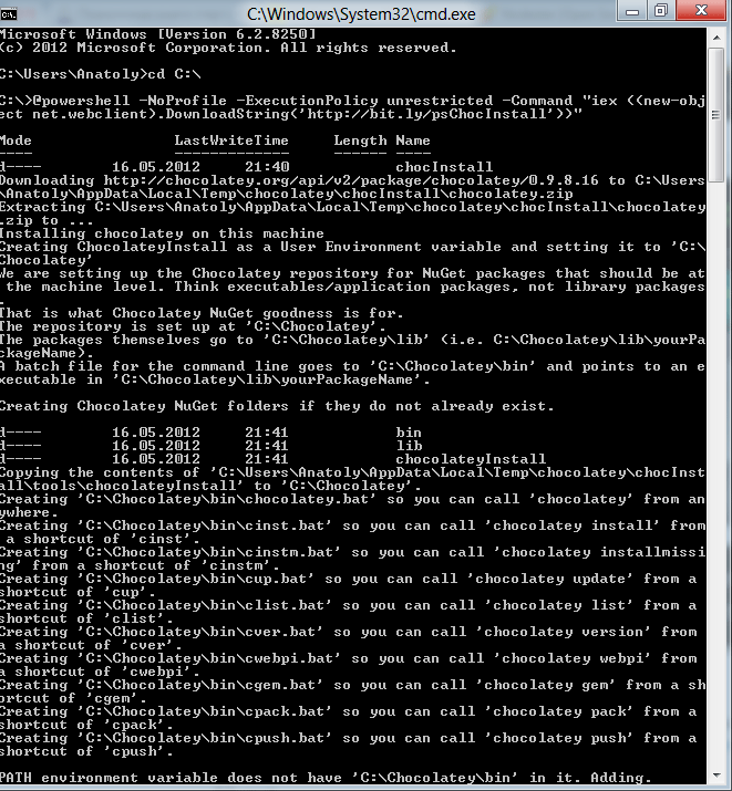 Процесс установки Chocolatey