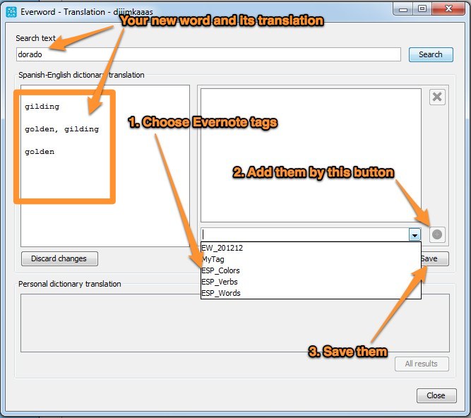 Everword translation window with notes