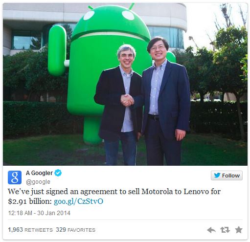 Google продает Motorola Mobility компании Lenovo